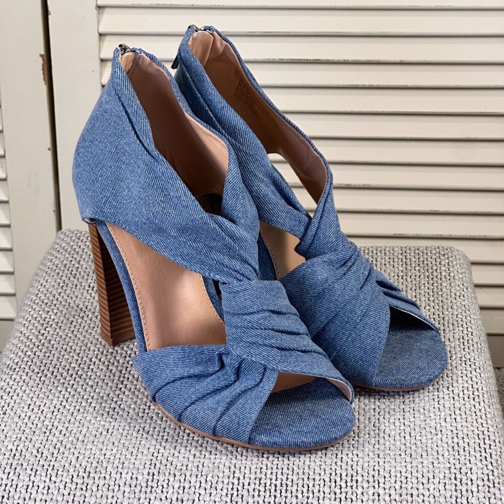 JustFab Denim Blue Twist Peep-Toe High Heels